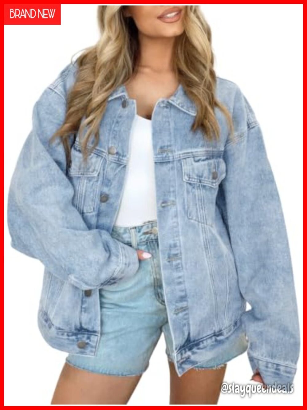 Oversized Button Down Denim Jacket Distressed Boyfriend Style with Pockets